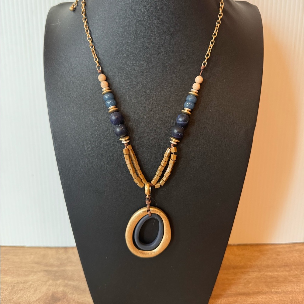 Boho Necklace Gold tone and Blue Metal and beaded chain Necklace Neutral Hippie